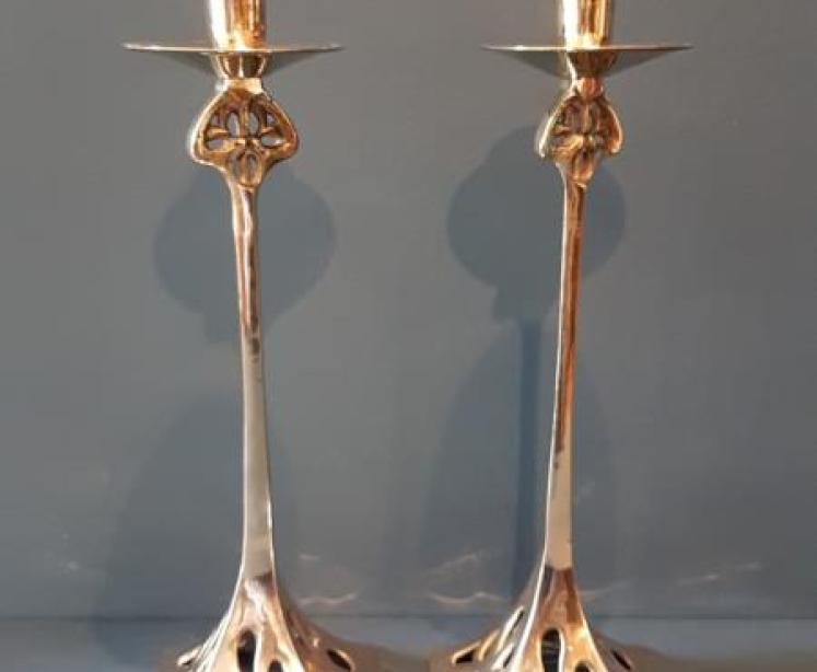 Brass Art Nouveau Candlesticks - Image 1