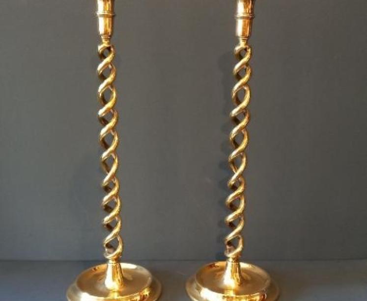 Tall Pair of Victorian Brass Open Barley Twist Candlesticks - Image 1