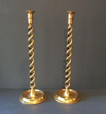Tall Pair of Victorian Brass Open Barley Twist Candlesticks