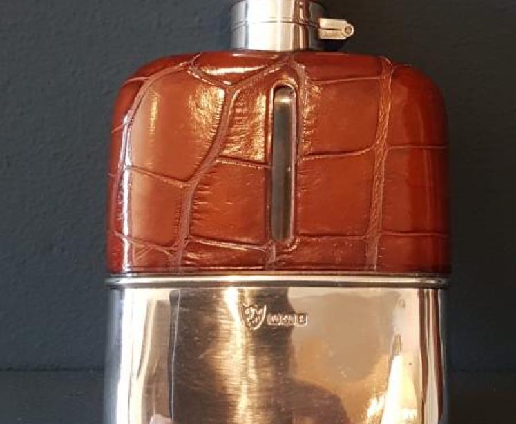 Silver and Crocodile Skin Hip Flask - Image 1