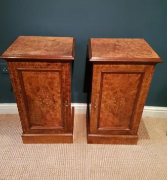 Matching Pair of Victorian Burr Walnut Bedside Cabinets