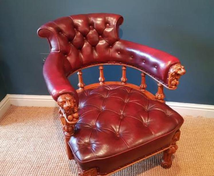 Early Victorian Oak Oxblood Hide Library Chair - Image 1