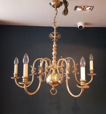 Fully Restored Edwardian Brass Six Arm Chandelier