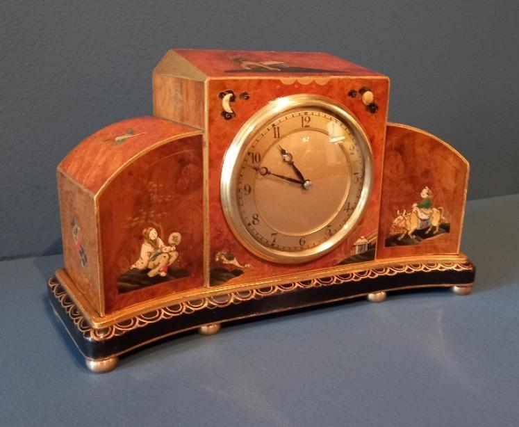 Superb Edwardian Burr Walnut Chinoiserie Mantel Clock - Image 2