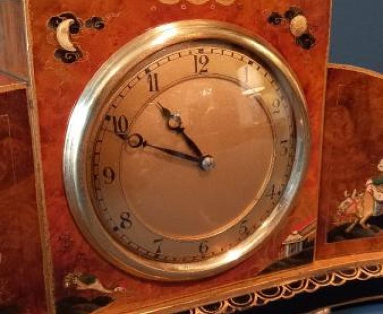 Superb Edwardian Burr Walnut Chinoiserie Mantel Clock - Image 3