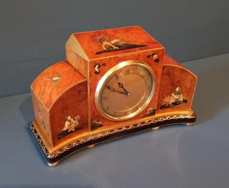 Superb Edwardian Burr Walnut Chinoiserie Mantel Clock - Image 7