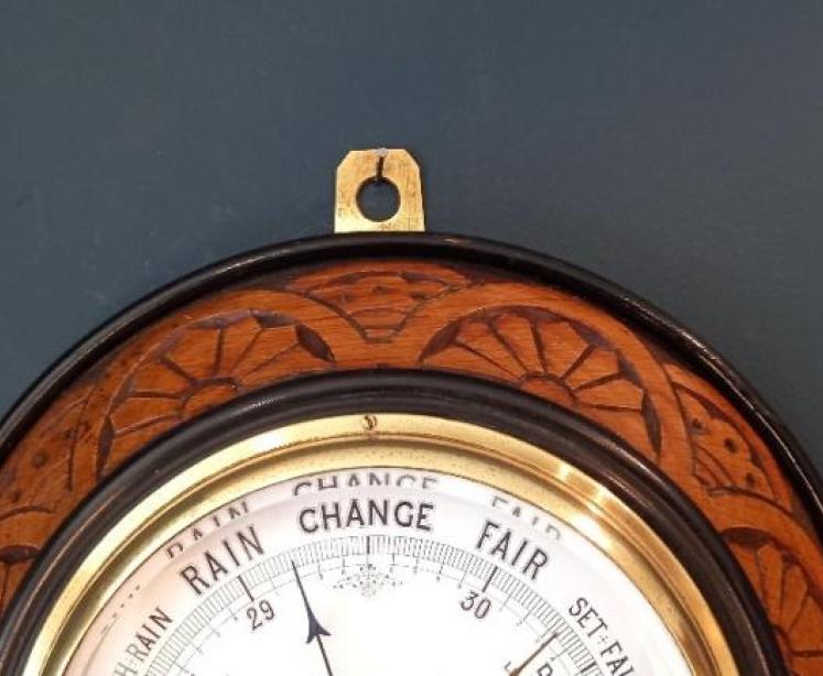 Mid Victorian Carved Oak & Ebony Barometer - Image 3