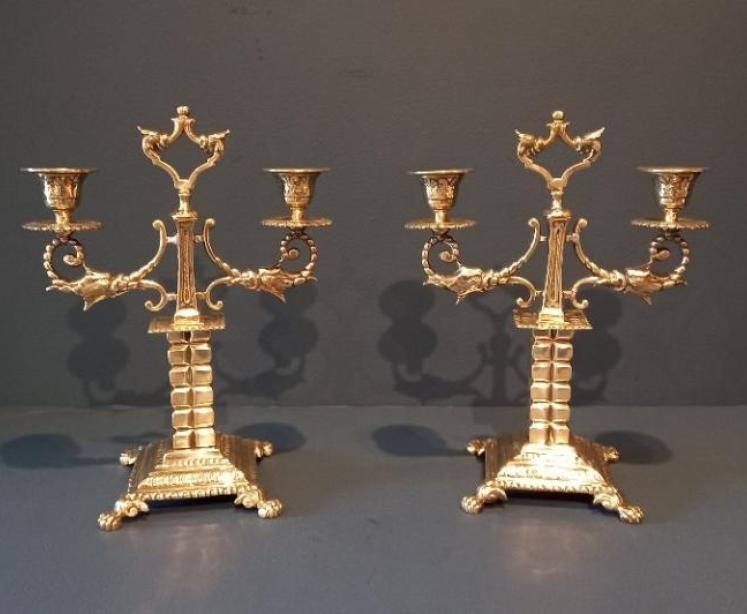 Matching Pair of Victorian Brass Twin Arm Candlesticks - Image 1