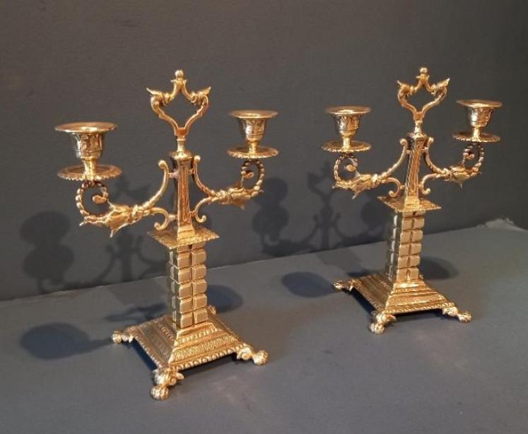 Matching Pair of Victorian Brass Twin Arm Candlesticks - Image 2