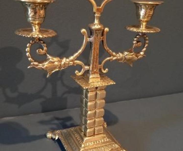 Matching Pair of Victorian Brass Twin Arm Candlesticks - Image 3