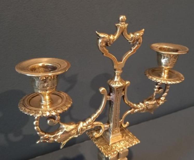 Matching Pair of Victorian Brass Twin Arm Candlesticks - Image 5