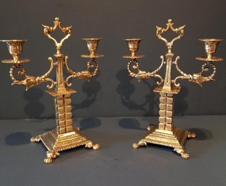 Matching Pair of Victorian Brass Twin Arm Candlesticks - Image 7