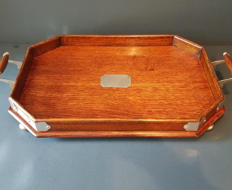 Victorian Oak and Silver Plated Mounted Tray - Image 6