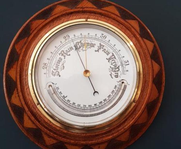 Victorian Oak Aneroid Barometer with Crescent Thermometer  - Image 1