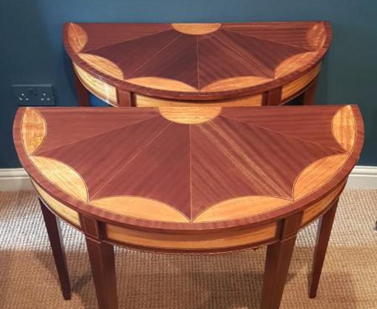 Matching Pair of Edwardian Sheraton Revival Demi Lune Tables - Image 2