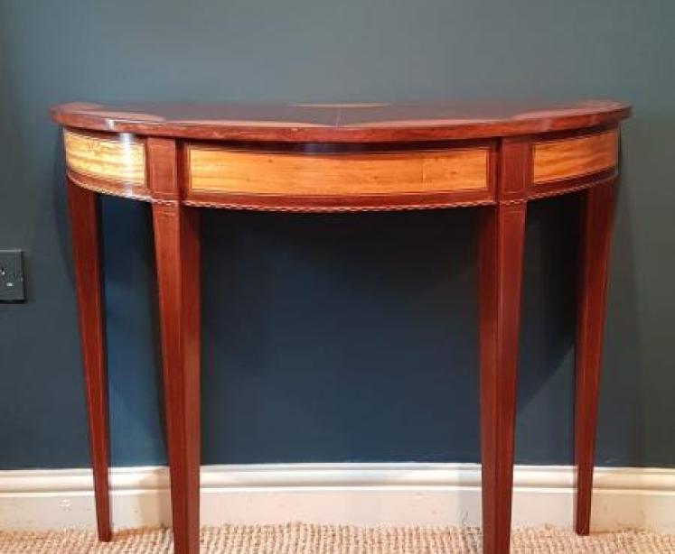 Matching Pair of Edwardian Sheraton Revival Demi Lune Tables - Image 3