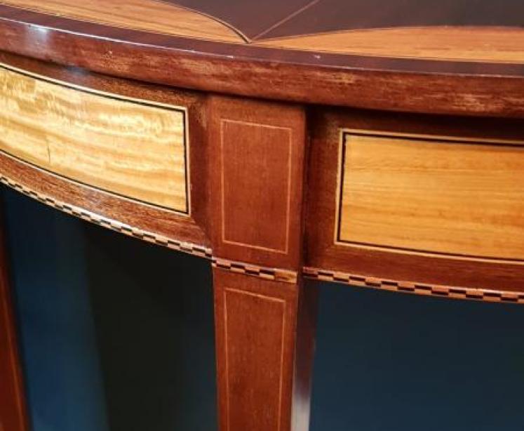 Matching Pair of Edwardian Sheraton Revival Demi Lune Tables - Image 4