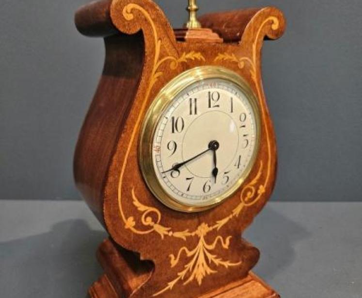 Superb Edwardian Mahogany Inlaid Curled Top Mantel Clock - Image 7