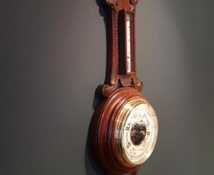 Victorian Carved Oak Banjo Barometer With Skeletonised Movement - Image 7