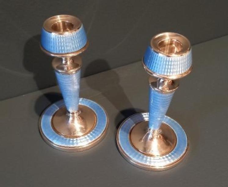 Pair of George V Silver & Pale Blue Enamel Candlesticks - Image 4