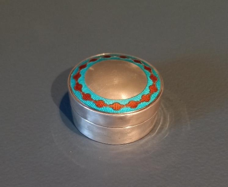 Unusual Edwardian Silver & Turquoise Enamel Pill Box - Image 1