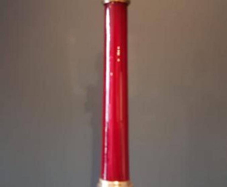 Edwardian Cast Brass & Red Glass Column Lamp  - Image 1