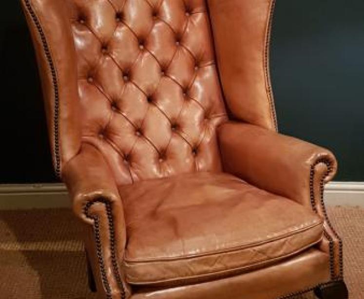 Edwardian Tan Leather Wing Back Arm Chair - Image 1