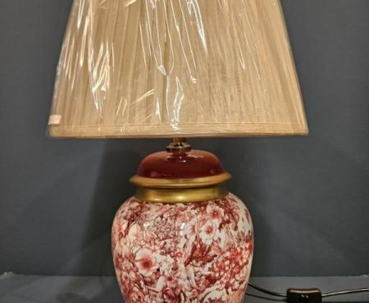 Red, White and Gilt Toile Decoration Porcelain Lamp and Shade - Image 1