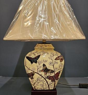Porcelain Lamp with Butterfly and Blossom Design and Shade