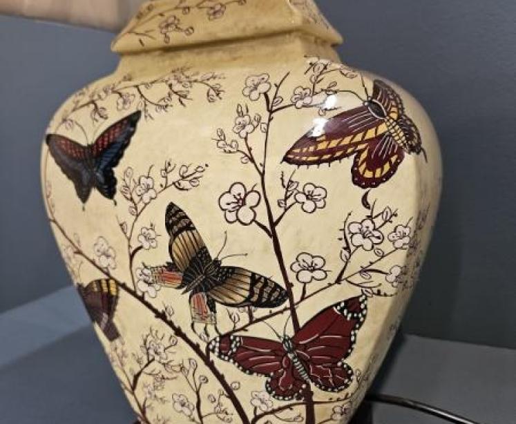 Porcelain Lamp with Butterfly and Blossom Design and Shade - Image 2