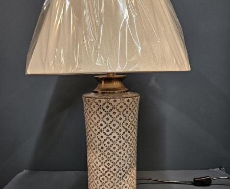 Cylinder Porcelain Lamp with Blue Trellis Design and Shade - Image 1