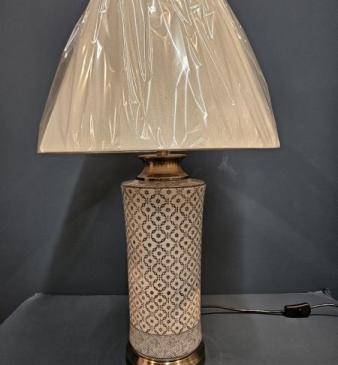 Cylinder Porcelain Lamp with Blue Trellis Design and Shade