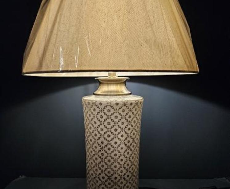 Cylinder Porcelain Lamp with Blue Trellis Design and Shade - Image 5