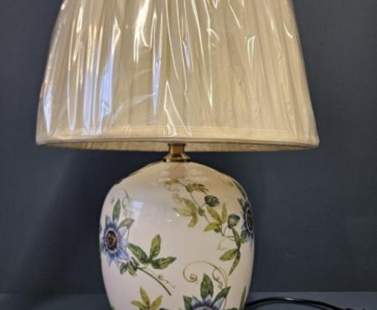 Porcelain Lamp with Passion Flower Design and Silk Effect Shade - Image 1