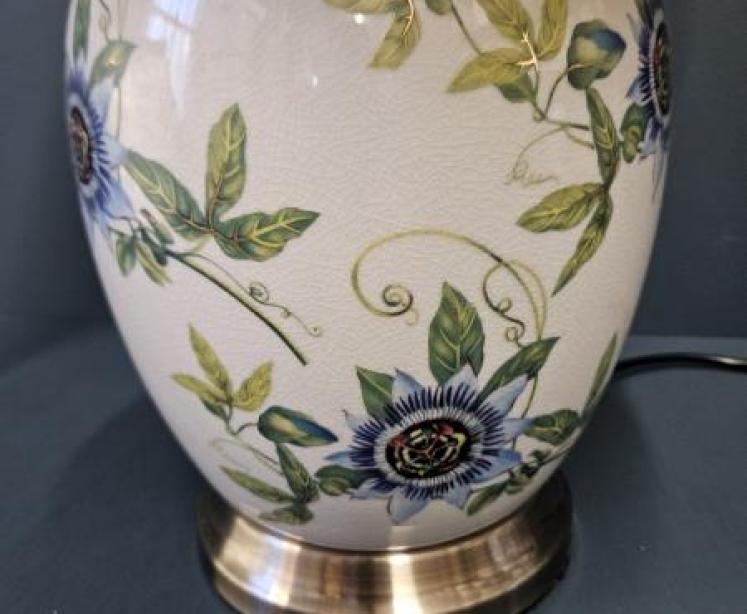 Porcelain Lamp with Passion Flower Design and Silk Effect Shade - Image 2