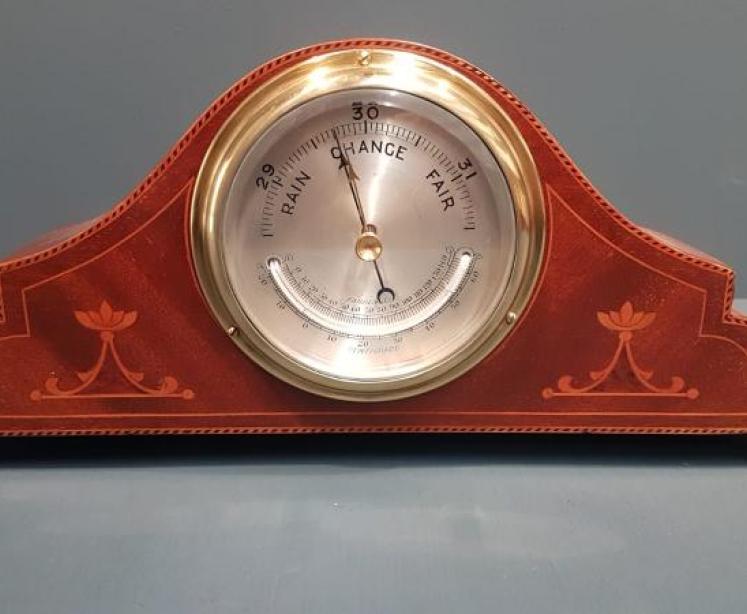 Fine Quality Inlaid Mahogany Barometer with Crescent Thermometer - Image 1