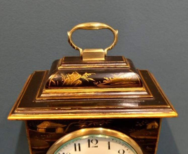 Edwardian Black Chinoiserie Mantel Clock  - Image 2