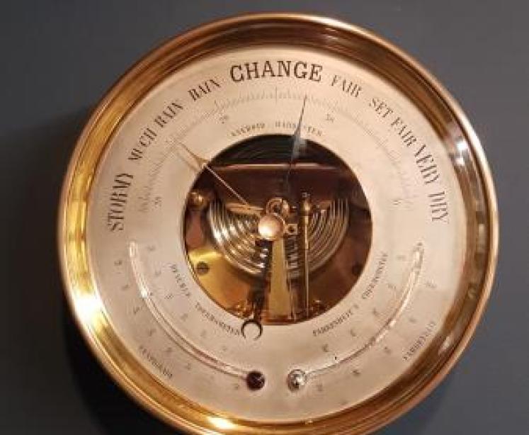 Victorian Brass Cased Marine Barometer with Twin Crescent Thermometers - Image 1