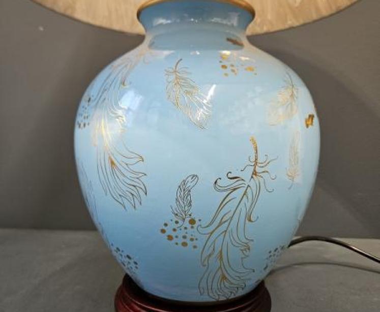 Porcelain Turquoise Feather Design Lamp and Shade OUT OF STOCK - Image 2