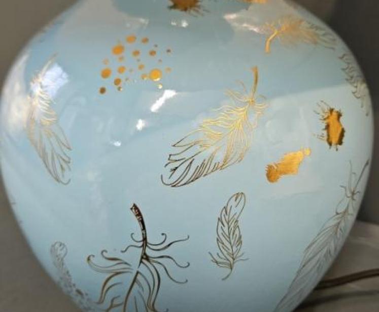 Porcelain Turquoise Feather Design Lamp and Shade OUT OF STOCK - Image 4
