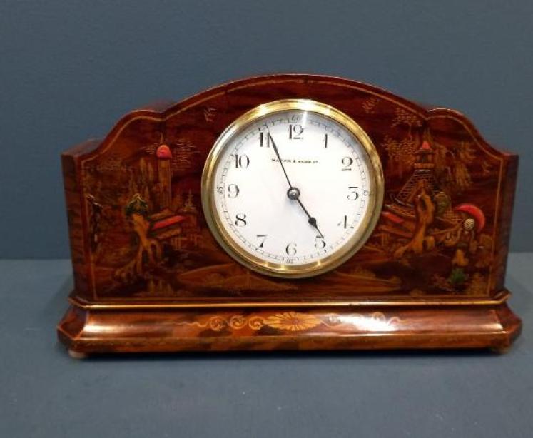 Edwardian Figured Walnut Chinoiserie Mantel Clock  - Image 1