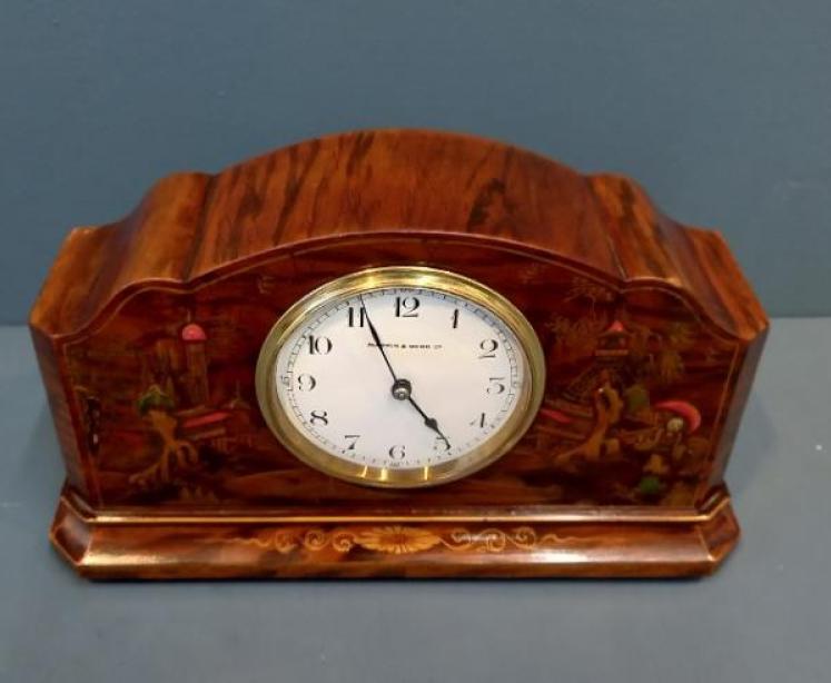 Edwardian Figured Walnut Chinoiserie Mantel Clock  - Image 2