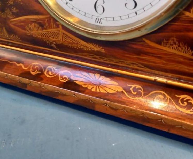 Edwardian Figured Walnut Chinoiserie Mantel Clock  - Image 5