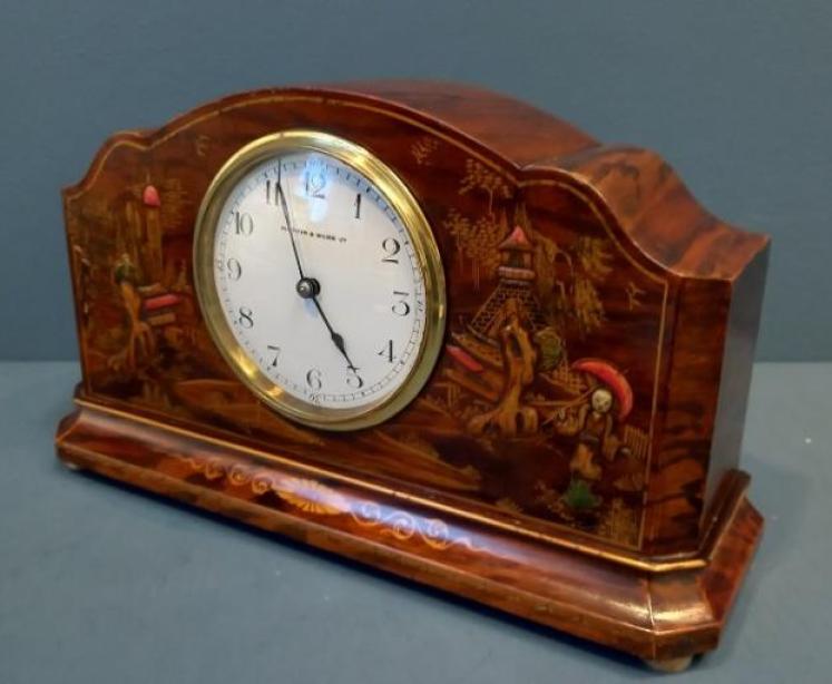 Edwardian Figured Walnut Chinoiserie Mantel Clock  - Image 7