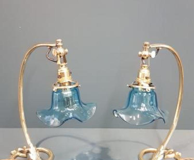 Matching Pair of Art Nouveau Brass Table Lamps and Shades - Image 1