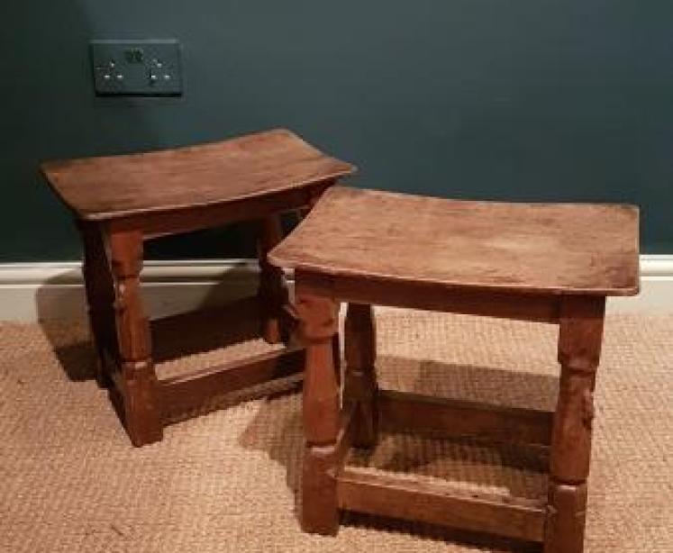Matching Pair of Early Thompson's of Kilburn Mouseman Dished Top Stools - Image 1