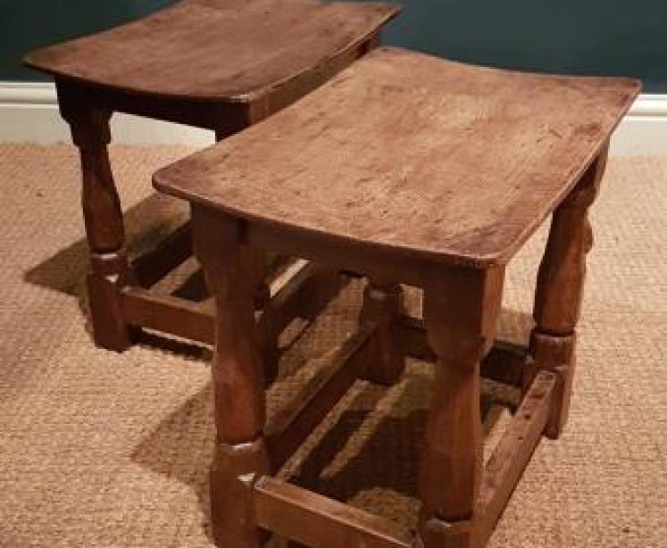 Matching Pair of Early Thompson's of Kilburn Mouseman Dished Top Stools - Image 2