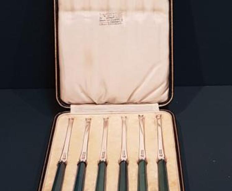 Rare Boxed Set of Silver and Bone Lobster Picks - Image 1