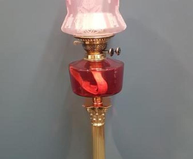 Victorian Corinthian Column Cranberry Oil Lamp - Image 1