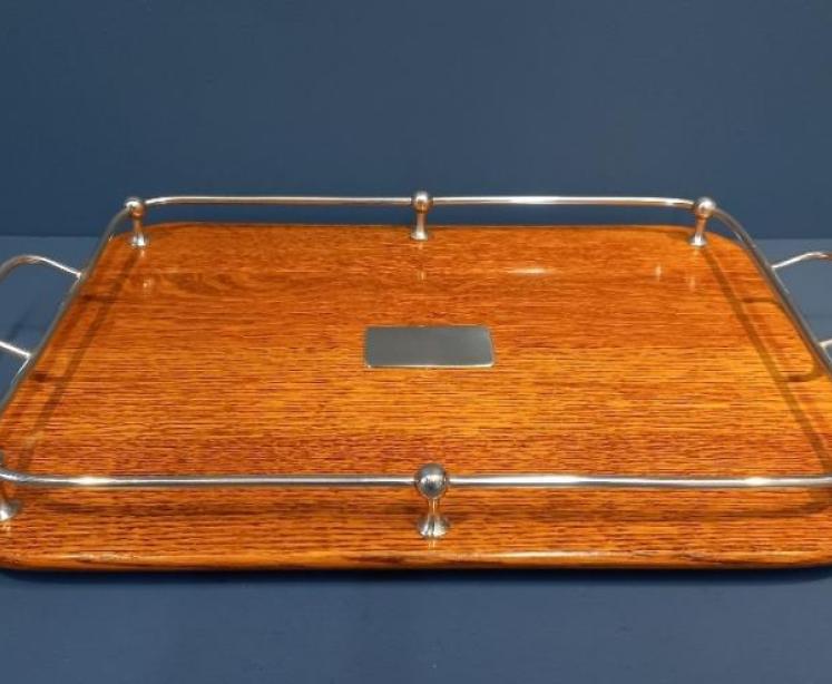 Late Victorian Polished Oak & Silver Plated Tray - Image 1